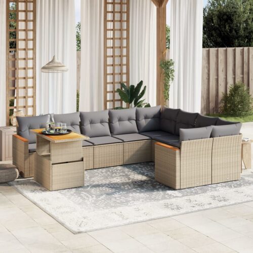 10-Piece Garden Sofa Set with Cushions Outdoor Patio Lounge Furniture Beige Poly Rattan - Image 2