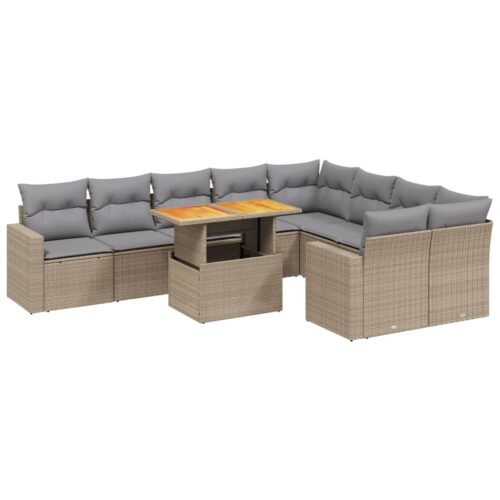 10-Piece Garden Sofa Set with Cushions Outdoor Patio Lounge Furniture Beige Poly Rattan - Image 5