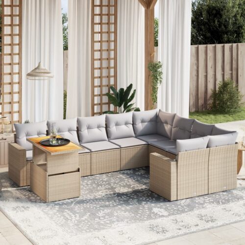10-Piece Garden Sofa Set with Cushions Outdoor Patio Lounge Furniture Beige Poly Rattan - Image 2