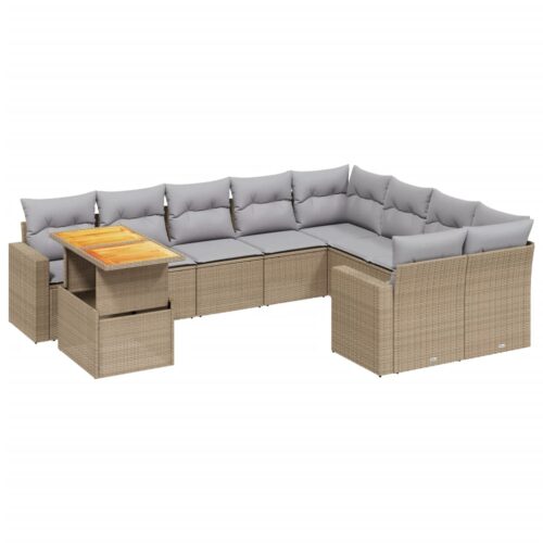 10-Piece Garden Sofa Set with Cushions Outdoor Patio Lounge Furniture Beige Poly Rattan - Image 5