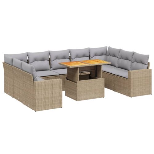 10-Piece Garden Sofa Set with Cushions Outdoor Patio Lounge Furniture Beige Poly Rattan
