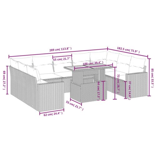 10-Piece Garden Sofa Set with Cushions Outdoor Patio Lounge Furniture Beige Poly Rattan - Image 3