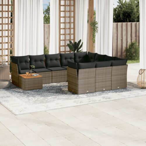 11-Piece Garden Sofa Set with Cushions Outdoor Patio Lounge Furniture Grey Poly Rattan - Image 2