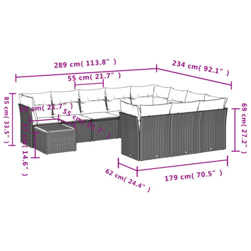 11-Piece Garden Sofa Set with Cushions Outdoor Patio Lounge Furniture Grey Poly Rattan - Image 3