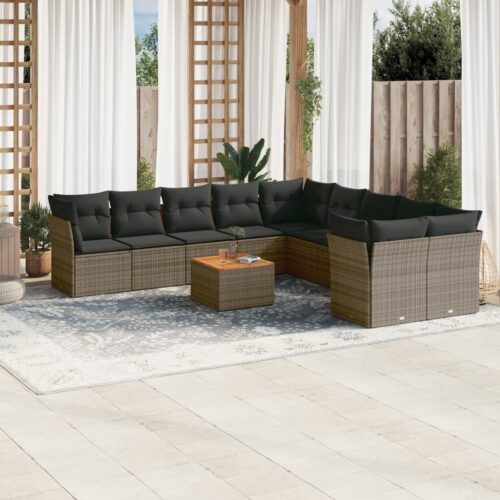 11-Piece Garden Sofa Set with Cushions Outdoor Patio Lounge Furniture Grey Poly Rattan - Image 2