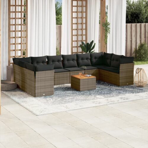 11-Piece Garden Sofa Set with Cushions Outdoor Patio Lounge Furniture Grey Poly Rattan - Image 2
