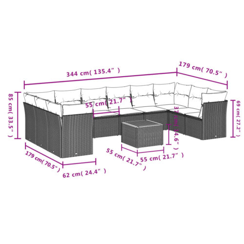 11-Piece Garden Sofa Set with Cushions Outdoor Patio Lounge Furniture Grey Poly Rattan - Image 3
