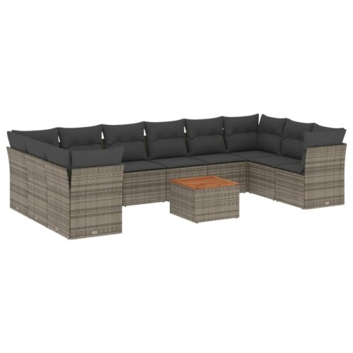 11-Piece Garden Sofa Set with Cushions Outdoor Patio Lounge Furniture Grey Poly Rattan - Image 5
