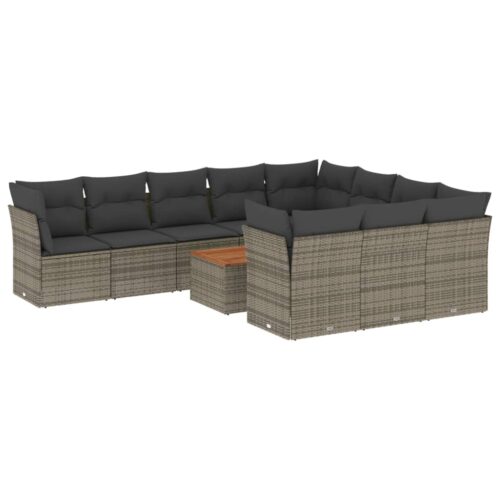 11-Piece Garden Sofa Set with Cushions Outdoor Patio Lounge Furniture Grey Poly Rattan - Image 5