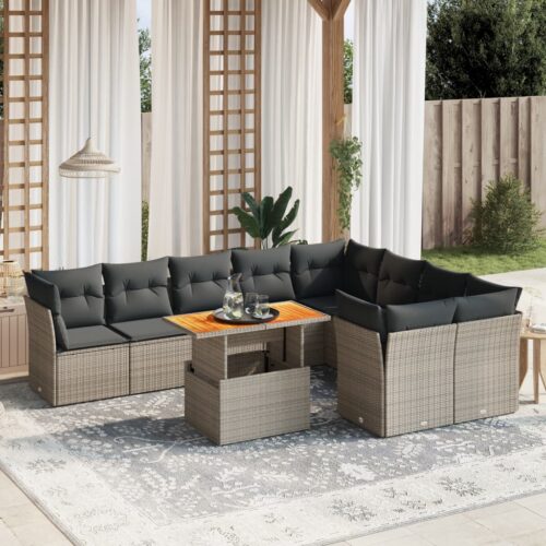 10-Piece Garden Sofa Set with Cushions Outdoor Patio Lounge Furniture Grey Poly Rattan - Image 2