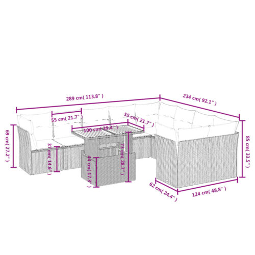 10-Piece Garden Sofa Set with Cushions Outdoor Patio Lounge Furniture Grey Poly Rattan - Image 3