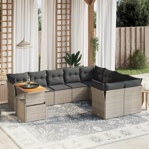 10-Piece Garden Sofa Set with Cushions Outdoor Patio Lounge Furniture Grey Poly Rattan - Image 2