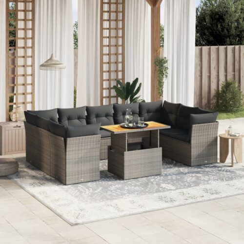 10-Piece Garden Sofa Set with Cushions Outdoor Patio Lounge Furniture Grey Poly Rattan - Image 2