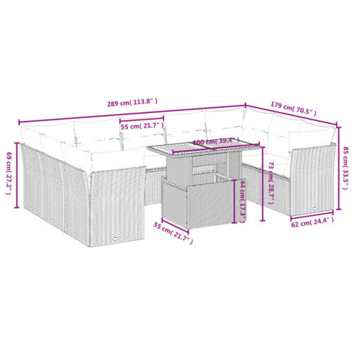 10-Piece Garden Sofa Set with Cushions Outdoor Patio Lounge Furniture Grey Poly Rattan - Image 3