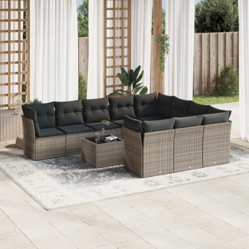 11-Piece Garden Sofa Set with Cushions Outdoor Patio Lounge Furniture Grey Poly Rattan - Image 2