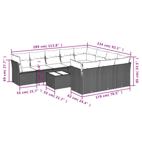 11-Piece Garden Sofa Set with Cushions Outdoor Patio Lounge Furniture Grey Poly Rattan - Image 3