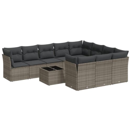 11-Piece Garden Sofa Set with Cushions Outdoor Patio Lounge Furniture Grey Poly Rattan - Image 5