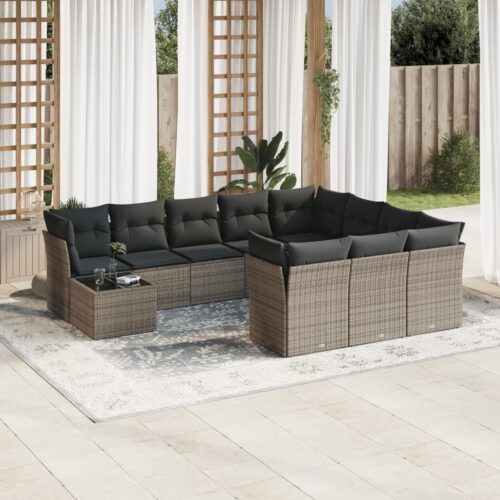 11-Piece Garden Sofa Set with Cushions Outdoor Patio Lounge Furniture Grey Poly Rattan - Image 2
