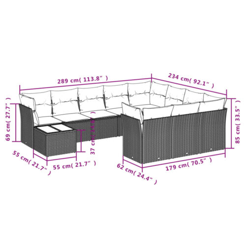 11-Piece Garden Sofa Set with Cushions Outdoor Patio Lounge Furniture Grey Poly Rattan - Image 3