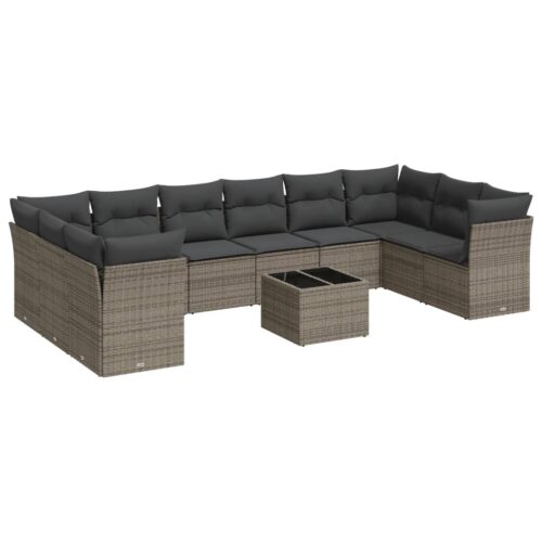 11-Piece Garden Sofa Set with Cushions Outdoor Patio Lounge Furniture Grey Poly Rattan - Image 5