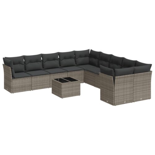11-Piece Garden Sofa Set with Cushions Outdoor Patio Lounge Furniture Grey Poly Rattan