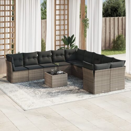 11-Piece Garden Sofa Set with Cushions Outdoor Patio Lounge Furniture Grey Poly Rattan - Image 2