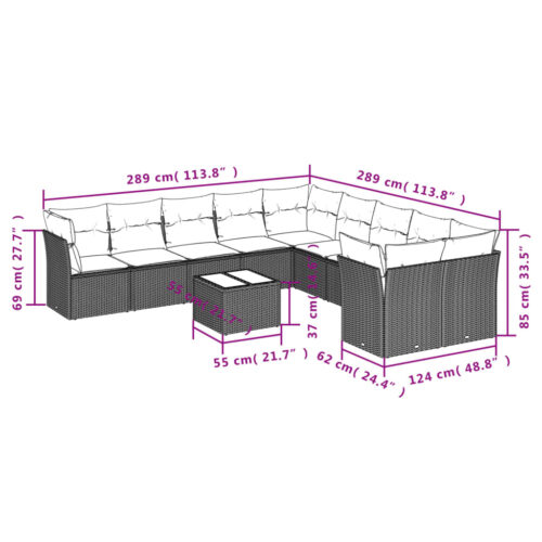 11-Piece Garden Sofa Set with Cushions Outdoor Patio Lounge Furniture Grey Poly Rattan - Image 3