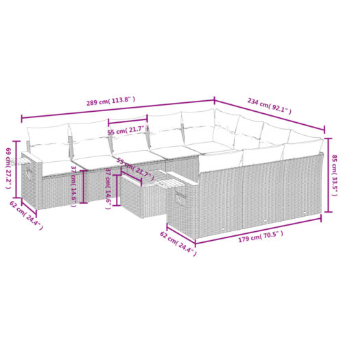 11-Piece Garden Sofa Set with Cushions Outdoor Patio Lounge Furniture Grey Poly Rattan - Image 9