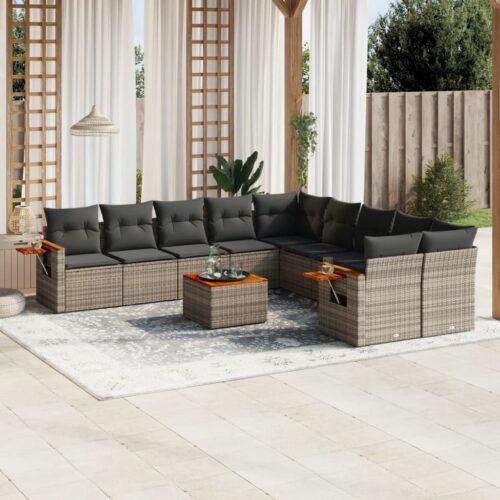 11-Piece Garden Sofa Set with Cushions Outdoor Patio Lounge Furniture Grey Poly Rattan - Image 2
