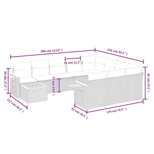 11-Piece Garden Sofa Set with Cushions Outdoor Patio Lounge Furniture Grey Poly Rattan - Image 7