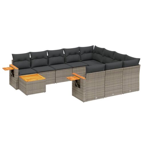 11-Piece Garden Sofa Set with Cushions Outdoor Patio Lounge Furniture Grey Poly Rattan - Image 13