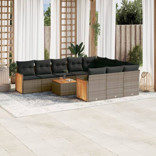 11-Piece Garden Sofa Set with Cushions Outdoor Patio Lounge Furniture Grey Poly Rattan - Image 2