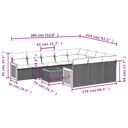 11-Piece Garden Sofa Set with Cushions Outdoor Patio Lounge Furniture Grey Poly Rattan - Image 8