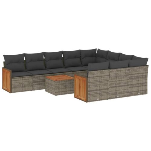 11-Piece Garden Sofa Set with Cushions Outdoor Patio Lounge Furniture Grey Poly Rattan - Image 14