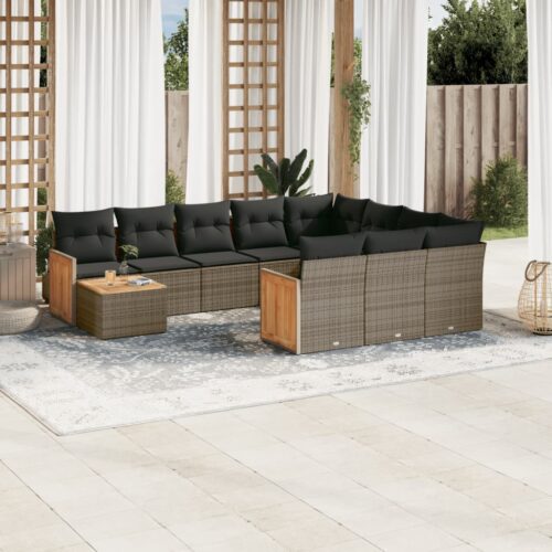 11-Piece Garden Sofa Set with Cushions Outdoor Patio Lounge Furniture Grey Poly Rattan - Image 2
