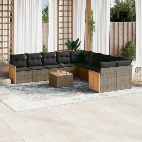 11-Piece Garden Sofa Set with Cushions Outdoor Patio Lounge Furniture Grey Poly Rattan - Image 2