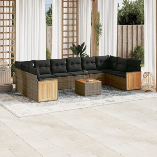 11-Piece Garden Sofa Set with Cushions Outdoor Patio Lounge Furniture Grey Poly Rattan - Image 2