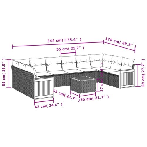 11-Piece Garden Sofa Set with Cushions Outdoor Patio Lounge Furniture Grey Poly Rattan - Image 8