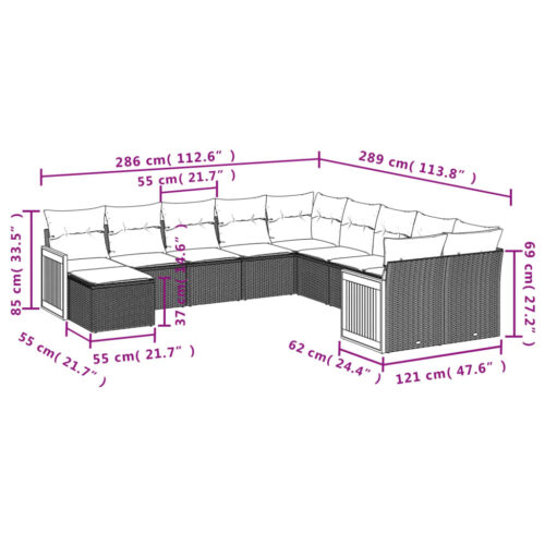 11-Piece Garden Sofa Set with Cushions Outdoor Patio Lounge Furniture Grey Poly Rattan - Image 8
