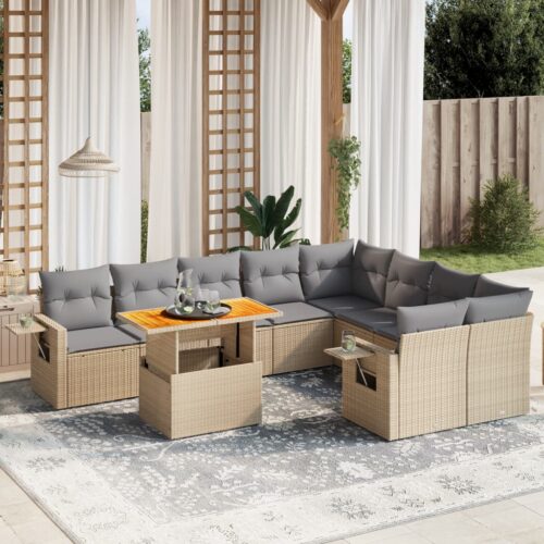 10-Piece Garden Sofa Set with Cushions Outdoor Patio Lounge Furniture Beige Poly Rattan - Image 2