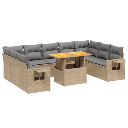 10-Piece Garden Sofa Set with Cushions Outdoor Patio Lounge Furniture Beige Poly Rattan
