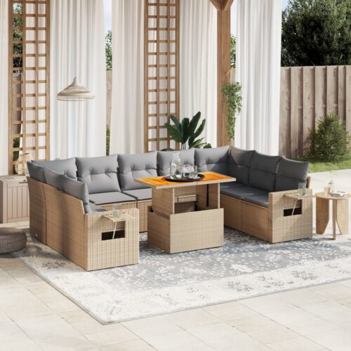 10-Piece Garden Sofa Set with Cushions Outdoor Patio Lounge Furniture Beige Poly Rattan - Image 2