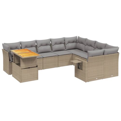 10-Piece Garden Sofa Set with Cushions Outdoor Patio Lounge Furniture Beige Poly Rattan