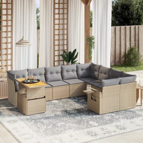 10-Piece Garden Sofa Set with Cushions Outdoor Patio Lounge Furniture Beige Poly Rattan - Image 2