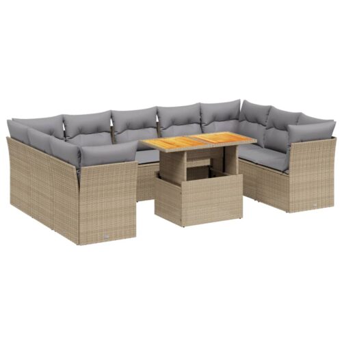 10-Piece Garden Sofa Set with Cushions Outdoor Patio Lounge Furniture Beige Poly Rattan