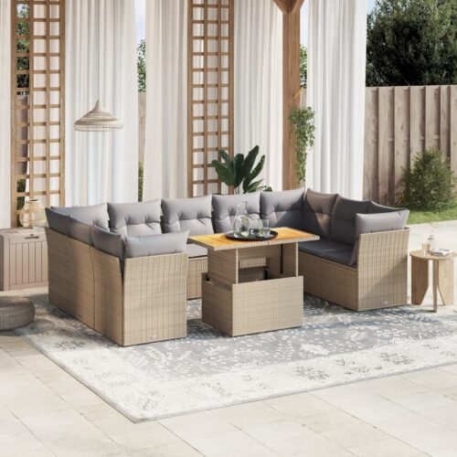 10-Piece Garden Sofa Set with Cushions Outdoor Patio Lounge Furniture Beige Poly Rattan - Image 2