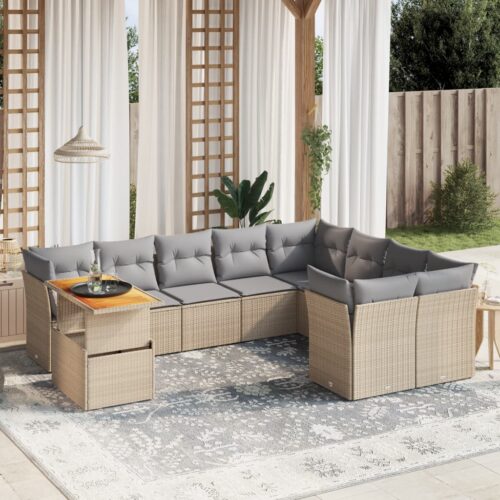 10-Piece Garden Sofa Set with Cushions Outdoor Patio Lounge Furniture Beige Poly Rattan - Image 2