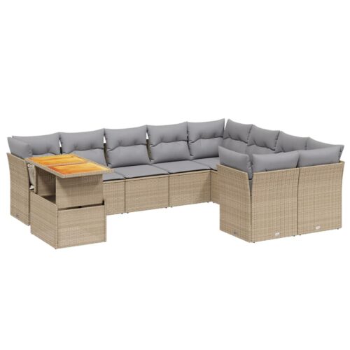 10-Piece Garden Sofa Set with Cushions Outdoor Patio Lounge Furniture Beige Poly Rattan - Image 5