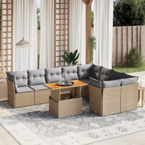 10-Piece Garden Sofa Set with Cushions Outdoor Patio Lounge Furniture Beige Poly Rattan - Image 2