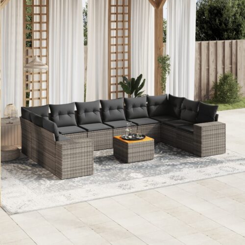 11-Piece Garden Sofa Set with Cushions Outdoor Patio Lounge Furniture Grey Poly Rattan - Image 2